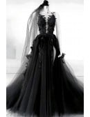 Dramatic Black Tulle Wedding Dress | Victorian Inspired Ball Gown With Lace & Ruffles