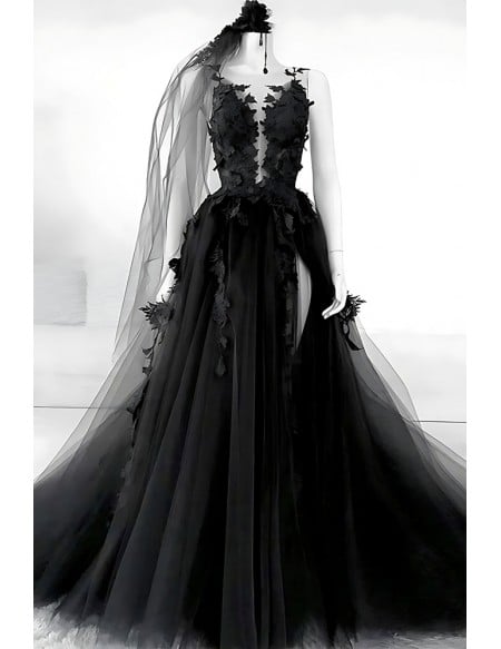 Dramatic Black Tulle Wedding Dress | Victorian Inspired Ball Gown With Lace & Ruffles
