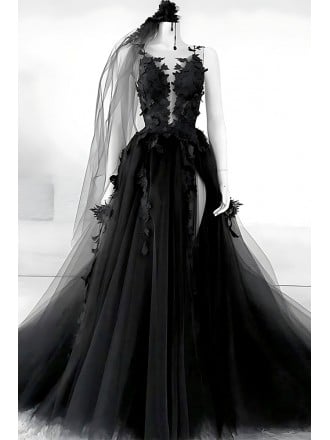 Dramatic Black Tulle Wedding Dress | Victorian Inspired Ball Gown With Lace & Ruffles