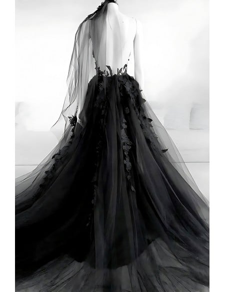 Dramatic Black Tulle Wedding Dress | Victorian Inspired Ball Gown With Lace & Ruffles