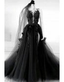 Dramatic Black Tulle Wedding Dress | Victorian Inspired Ball Gown With Lace & Ruffles