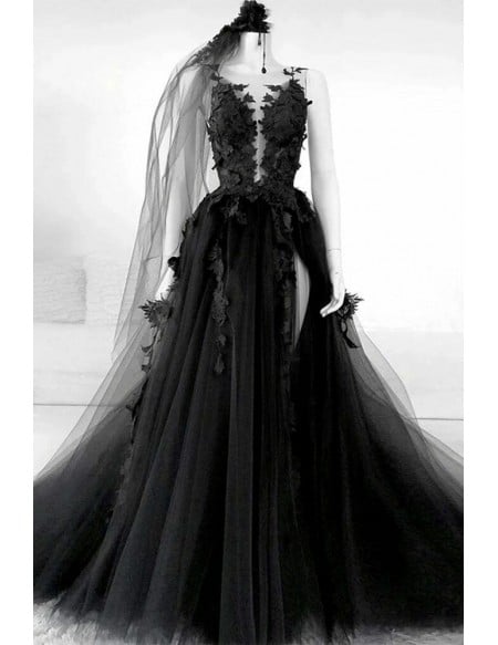 Dramatic Black Tulle Wedding Dress | Victorian Inspired Ball Gown With Lace & Ruffles