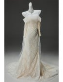 Champagne Wedding Dress With Detachable Tulle Train | Off-shoulder Lace Mermaid Gown