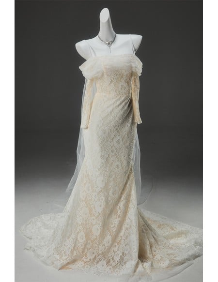 Champagne Wedding Dress With Detachable Tulle Train | Off-shoulder Lace Mermaid Gown