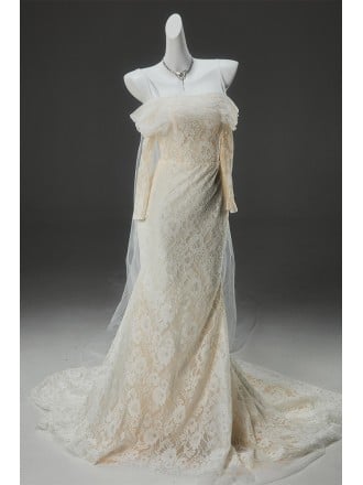 Champagne Wedding Dress With Detachable Tulle Train | Off-shoulder Lace Mermaid Gown