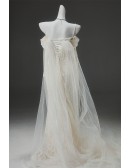Champagne Wedding Dress With Detachable Tulle Train | Off-shoulder Lace Mermaid Gown