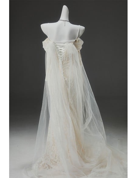 Champagne Wedding Dress With Detachable Tulle Train | Off-shoulder Lace Mermaid Gown
