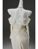 Champagne Wedding Dress With Detachable Tulle Train | Off-shoulder Lace Mermaid Gown