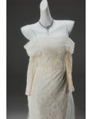 Champagne Wedding Dress With Detachable Tulle Train | Off-shoulder Lace Mermaid Gown