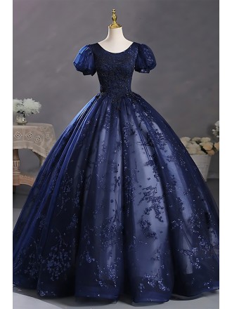 Elegant Navy Blue Ball Gown Wedding Dress With Puff Sleeves & Lace