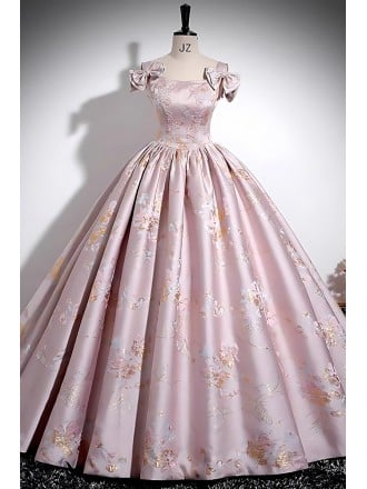 Vintage Pale Pink Floral Print Ball Gown Wedding Dress With Bow Sleeves