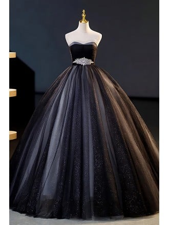Elegant Black Wedding Dress - Strapless Ball Gown With Sparkle Tulle And Bejeweled Belt