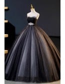 Elegant Black Wedding Dress - Strapless Ball Gown With Sparkle Tulle And Bejeweled Belt