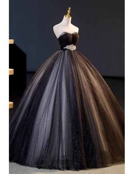 Elegant Black Wedding Dress - Strapless Ball Gown With Sparkle Tulle And Bejeweled Belt