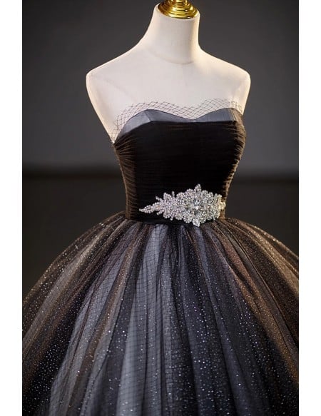 Elegant Black Wedding Dress - Strapless Ball Gown With Sparkle Tulle And Bejeweled Belt