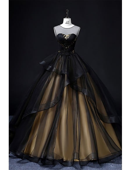 Unique Black Wedding Dress - Gold Accents & Corset Back Ball Gown