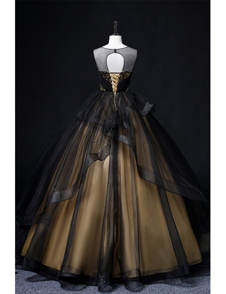 Unique Black Wedding Dress - Gold Accents & Corset Back Ball Gown