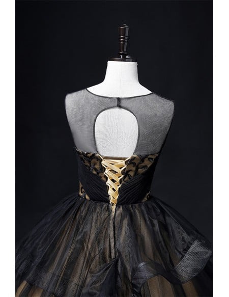 Unique Black Wedding Dress - Gold Accents & Corset Back Ball Gown
