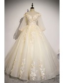 Champagne Long Sleeve Bridal Gown - Off-shoulder Tulle Wedding Dress With Delicate Flowers