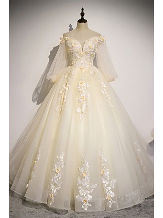 Champagne Long Sleeve Bridal Gown - Off-shoulder Tulle Wedding Dress With Delicate Flowers