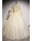 Champagne Long Sleeve Bridal Gown - Off-shoulder Tulle Wedding Dress With Delicate Flowers