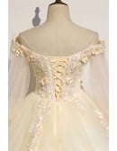 Champagne Long Sleeve Bridal Gown - Off-shoulder Tulle Wedding Dress With Delicate Flowers