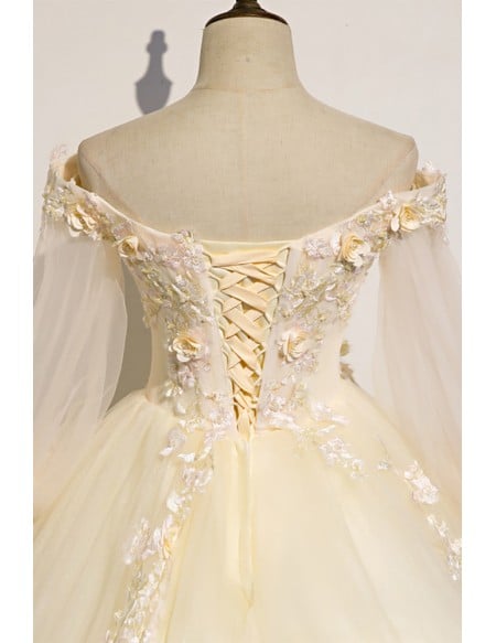 Champagne Long Sleeve Bridal Gown - Off-shoulder Tulle Wedding Dress With Delicate Flowers