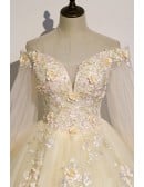 Champagne Long Sleeve Bridal Gown - Off-shoulder Tulle Wedding Dress With Delicate Flowers