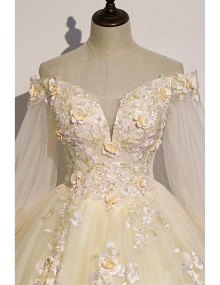 Champagne Long Sleeve Bridal Gown - Off-shoulder Tulle Wedding Dress With Delicate Flowers