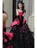 Bold Hot Pink Corset Ball Gown | Black Tulle Wedding Dress With Peplum & Flowers