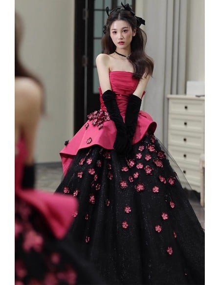 Bold Hot Pink Corset Ball Gown | Black Tulle Wedding Dress With Peplum & Flowers