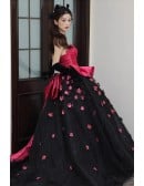 Bold Hot Pink Corset Ball Gown | Black Tulle Wedding Dress With Peplum & Flowers