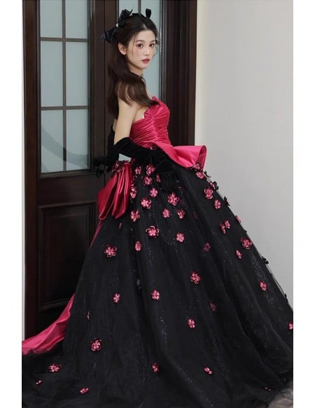 Bold Hot Pink Corset Ball Gown | Black Tulle Wedding Dress With Peplum & Flowers