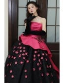 Bold Hot Pink Corset Ball Gown | Black Tulle Wedding Dress With Peplum & Flowers