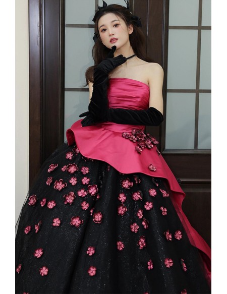 Bold Hot Pink Corset Ball Gown | Black Tulle Wedding Dress With Peplum & Flowers