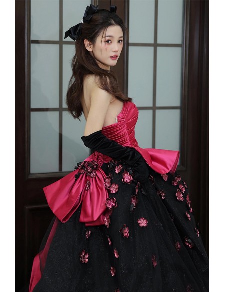 Bold Hot Pink Corset Ball Gown | Black Tulle Wedding Dress With Peplum & Flowers