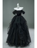 Gothic Black Tulle Ball Gown Wedding Dress | Off-shoulder Corset Sparkly Bridal Gown