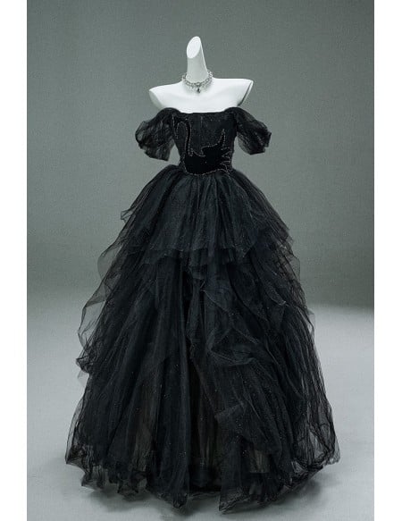 Gothic Black Tulle Ball Gown Wedding Dress | Off-shoulder Corset Sparkly Bridal Gown