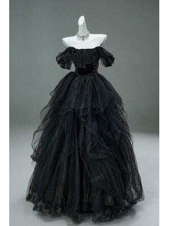 Gothic Black Tulle Ball Gown Wedding Dress | Off-shoulder Corset Sparkly Bridal Gown