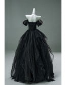 Gothic Black Tulle Ball Gown Wedding Dress | Off-shoulder Corset Sparkly Bridal Gown