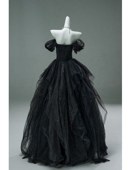 Gothic Black Tulle Ball Gown Wedding Dress | Off-shoulder Corset Sparkly Bridal Gown