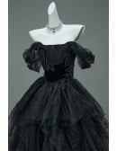 Gothic Black Tulle Ball Gown Wedding Dress | Off-shoulder Corset Sparkly Bridal Gown