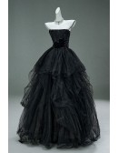 Gothic Black Tulle Ball Gown Wedding Dress | Off-shoulder Corset Sparkly Bridal Gown