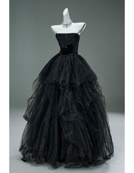 Gothic Black Tulle Ball Gown Wedding Dress | Off-shoulder Corset Sparkly Bridal Gown