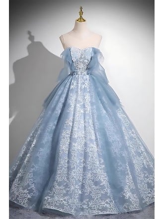 Light Blue Floral Lace Wedding Dress - Strapless Ball Gown With Ruffle Detail