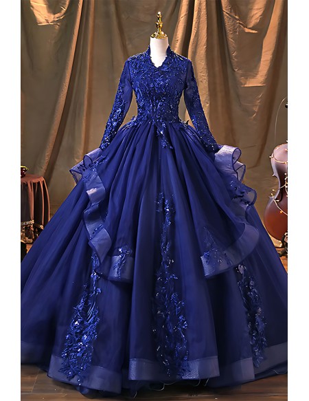 Royal Blue Wedding Dress Long Sleeve - Beautiful Lace Ball Gown For Bride