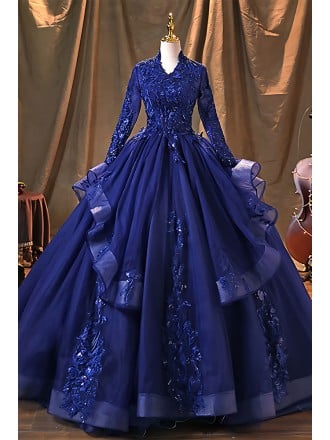 Royal Blue Wedding Dress Long Sleeve - Beautiful Lace Ball Gown For Bride