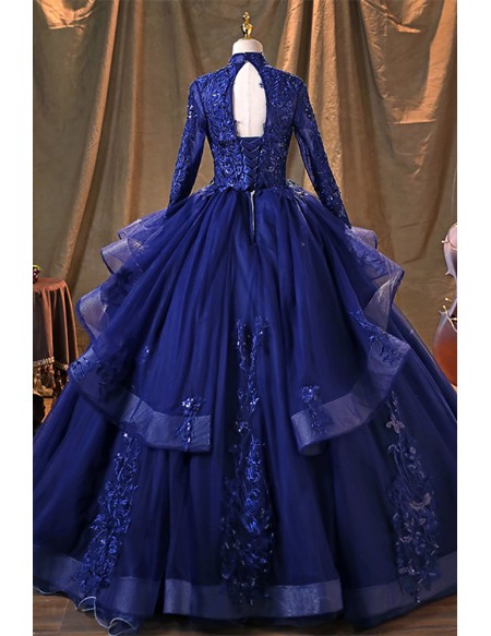 Royal Blue Wedding Dress Long Sleeve - Beautiful Lace Ball Gown For Bride
