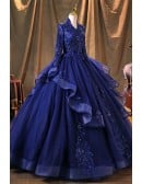 Royal Blue Wedding Dress Long Sleeve - Beautiful Lace Ball Gown For Bride