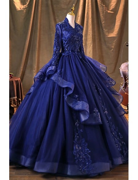 Royal Blue Wedding Dress Long Sleeve - Beautiful Lace Ball Gown For Bride